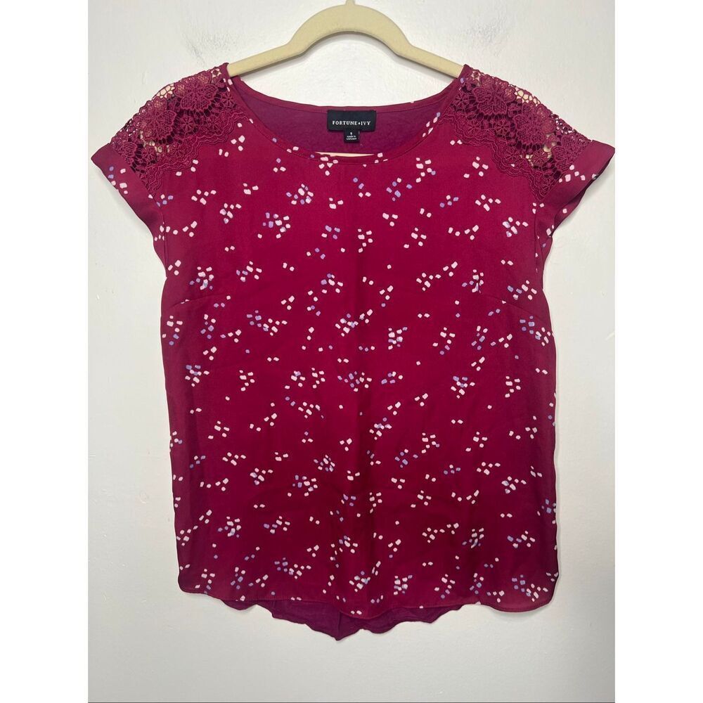 Fortune + Ivy Raspberry Pink Blue White Geometric Dots Lace Shoulders Blouse Top